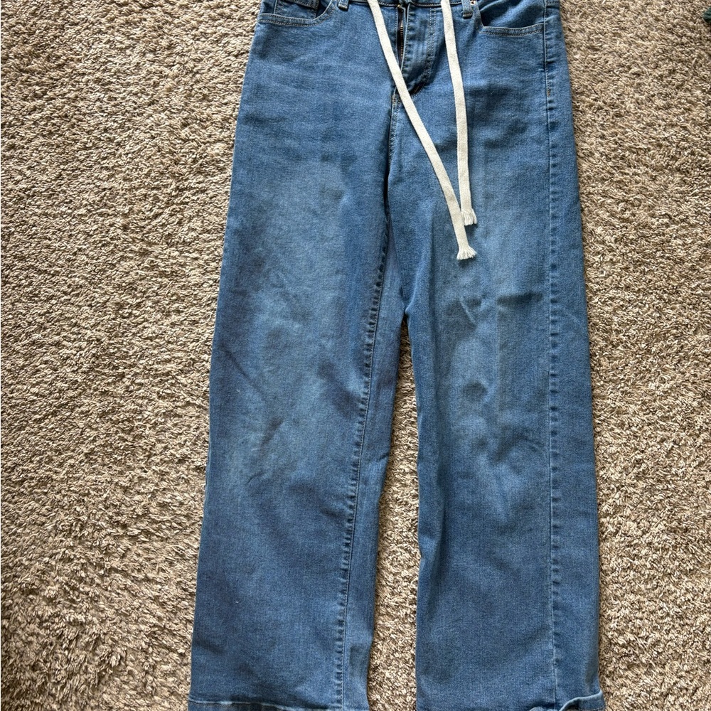 Casual Blue Wide-Leg Sweatpants Jeans with White Drawstring